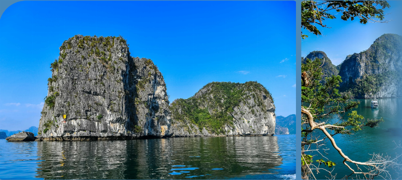 Hòn Trống Mái Vịnh Hạ Long nhìn cận cảnh, làm nổi bật cấu trúc đá vôi và sự bào mòn do sóng biển, minh họa quá trình hình thành địa chất